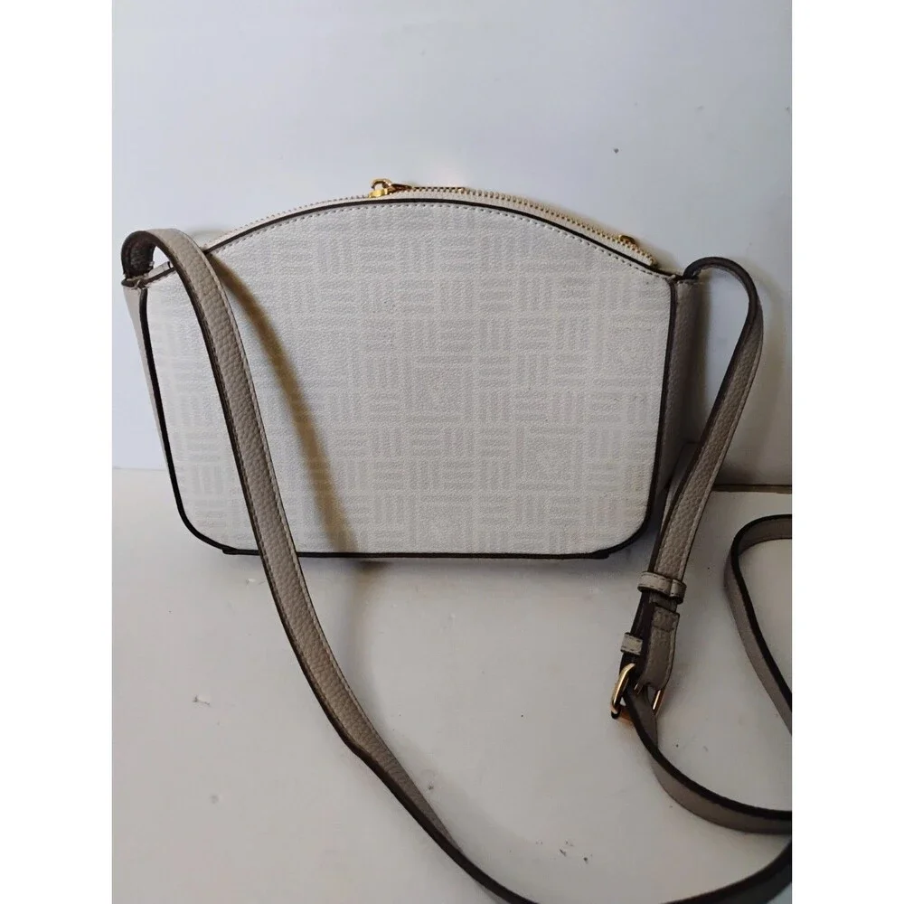Anne Klein Tile Lion Logo Crossbody Bag Dome Triple Compartment Purse Cream Tan